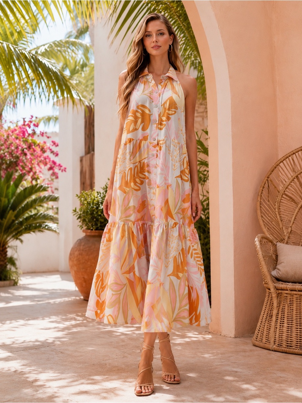 Tropical Linen Blend Tiered Midi Dress Pink Orange Palm Print L